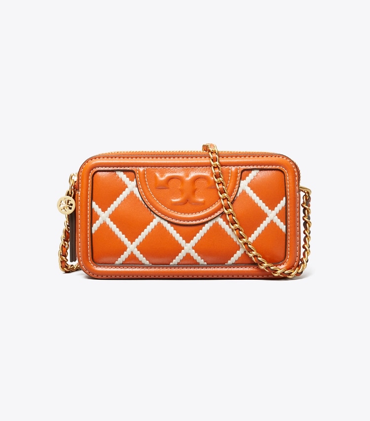 Tory Burch designer crossbody bags Fleming Pop Quilt Double-Zip Mini Bag in SPRING SPICE front