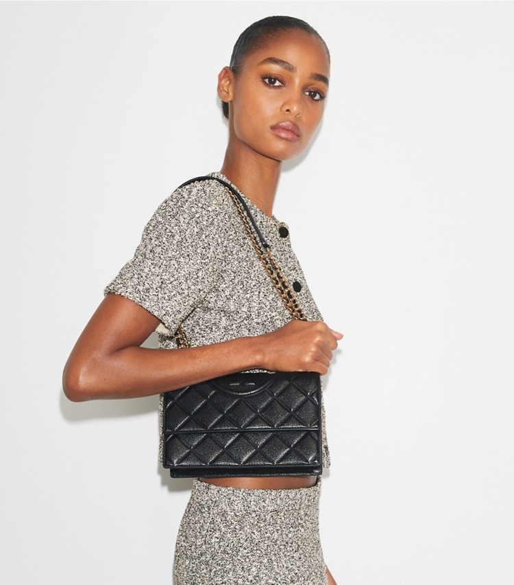 Tory Burch designer shoulder bags Fleming Shoulder Bag in Black accessory on model