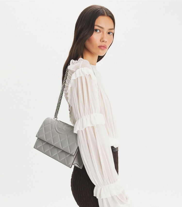 Tory Burch designer shoulder bags Fleming Shoulder Bag in Gray accessory on model
