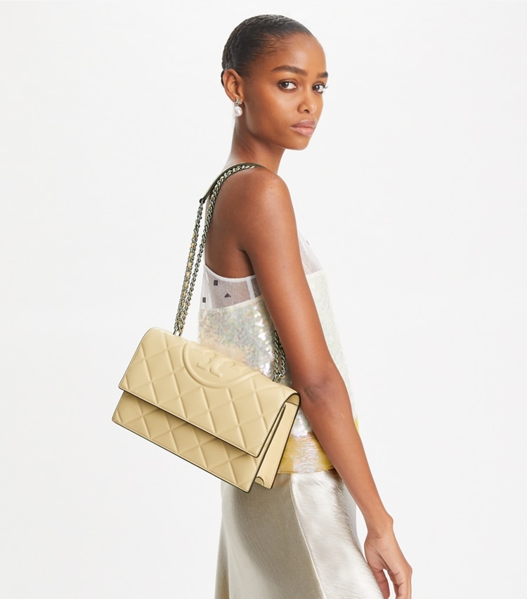 Tory Burch designer shoulder bags Fleming Shoulder Bag in Vanilla Soft Serve accessory on model