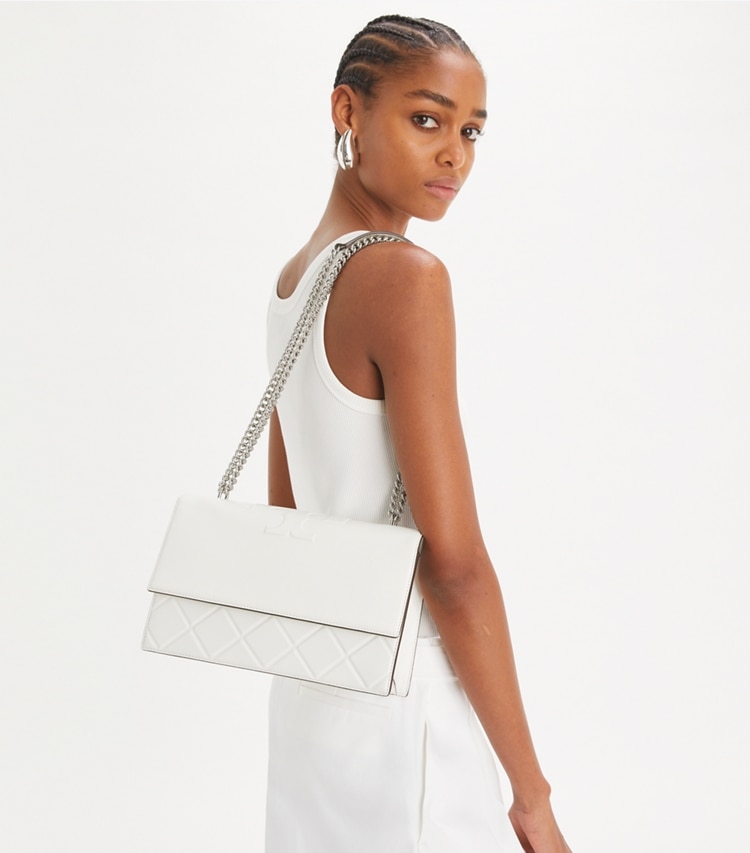Tory Burch designer shoulder bags Fleming Shoulder Bag in Blanc accessory on model