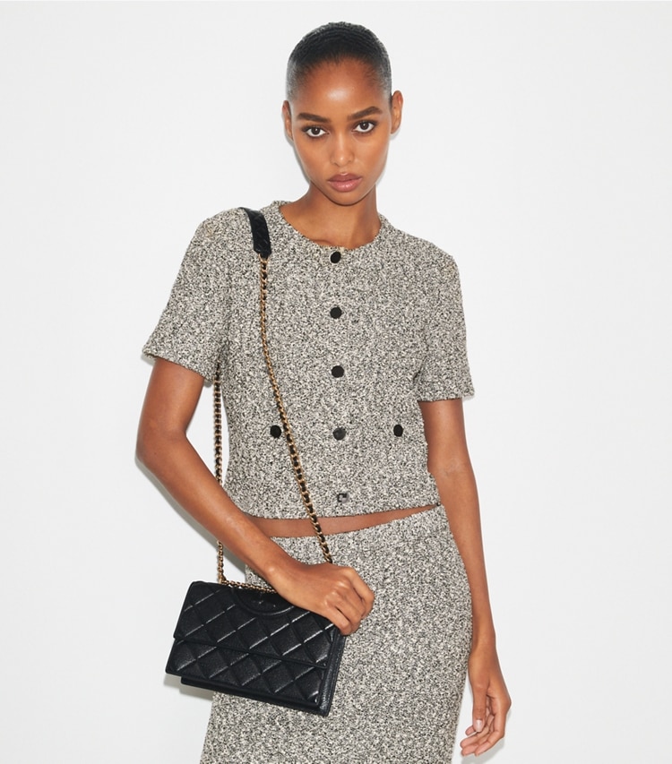 Tory Burch designer shoulder bags Fleming Shoulder Bag in Black additional on model