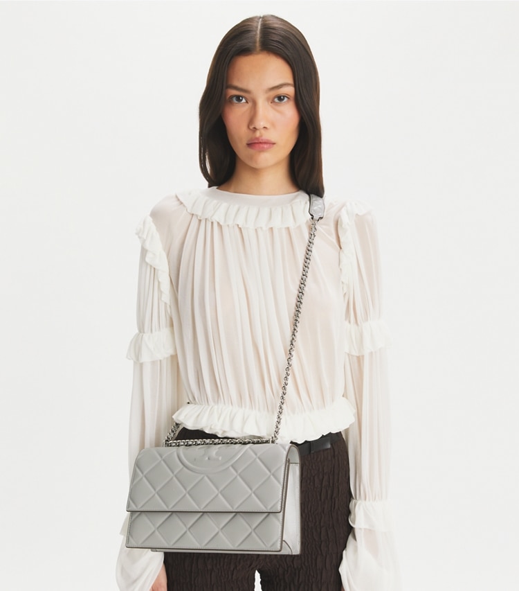 Tory Burch designer shoulder bags Fleming Shoulder Bag in Gray additional on model