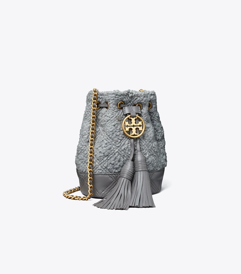 Tory Burch designer crossbody bags Fleming Soft Bouclé Mini Bucket Bag in Carbon angle