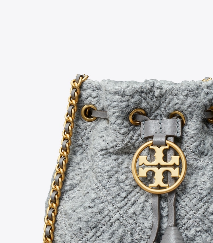 Tory Burch designer crossbody bags Fleming Soft Bouclé Mini Bucket Bag in Carbon detail