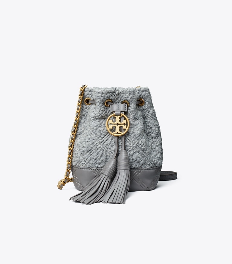 Tory Burch designer crossbody bags Fleming Soft Bouclé Mini Bucket Bag in Carbon angle