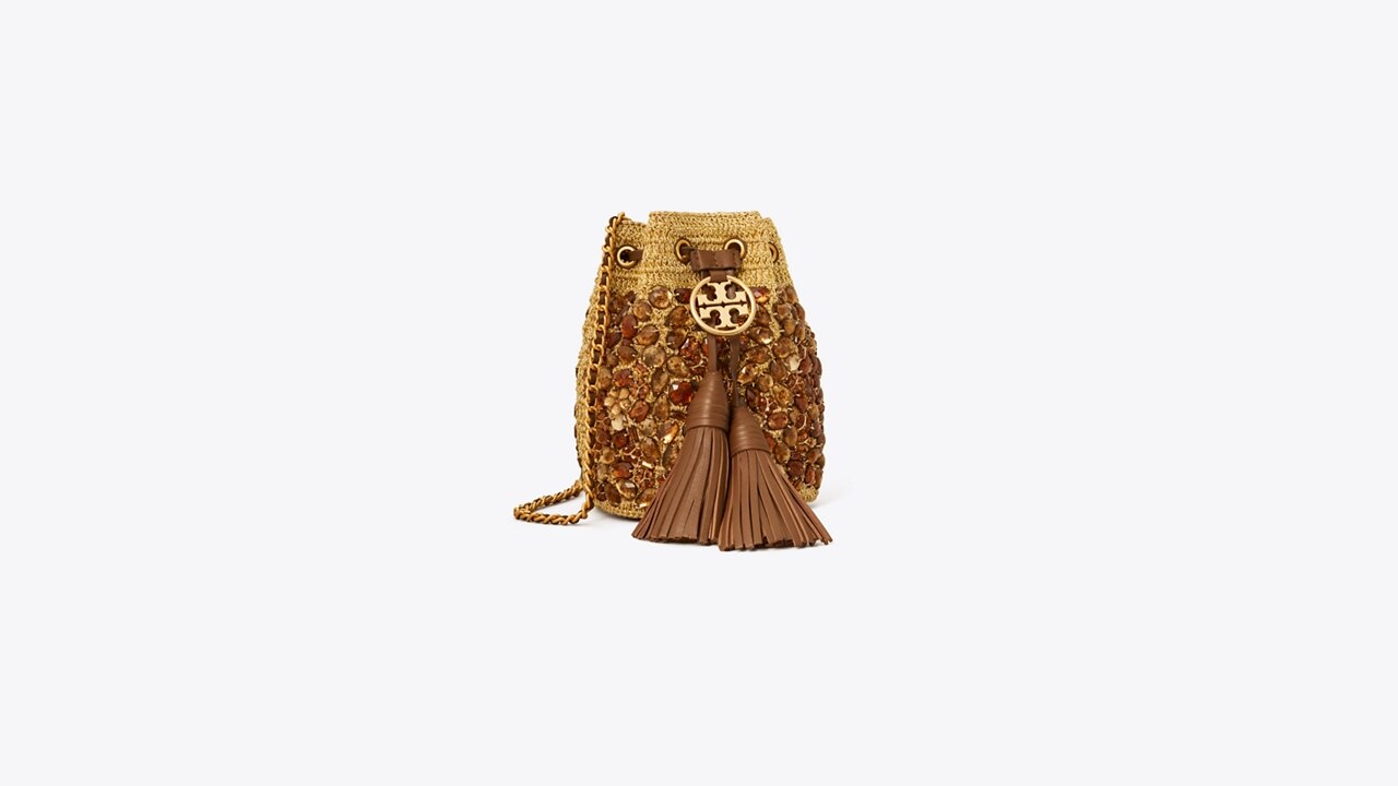 Tory Burch Women's Fleming Soft Crochet Jewel Mini Bucket Bag in Gold, One Size