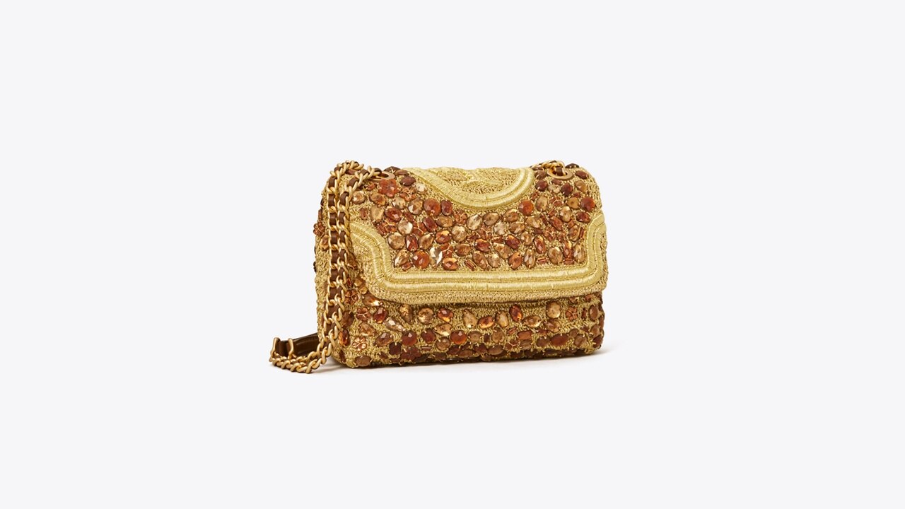 Tory Burch Fleming Soft Crochet Jeweled Small Convertible Shoulder Bag Gold