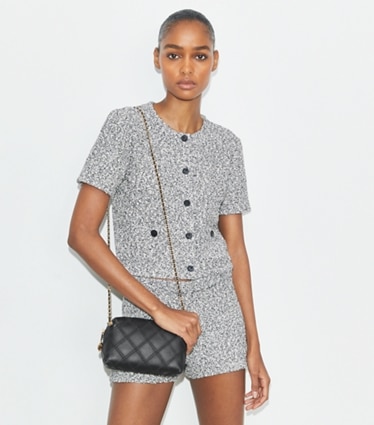 Tory Burch designer crossbody bags Fleming Soft Crossbody Bag in Black accessory on model
