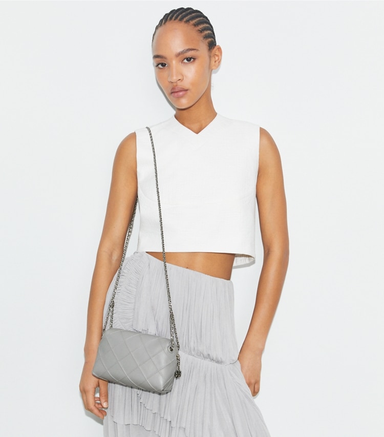 Tory Burch designer crossbody bags Fleming Soft Crossbody Bag in Gray accessory on model