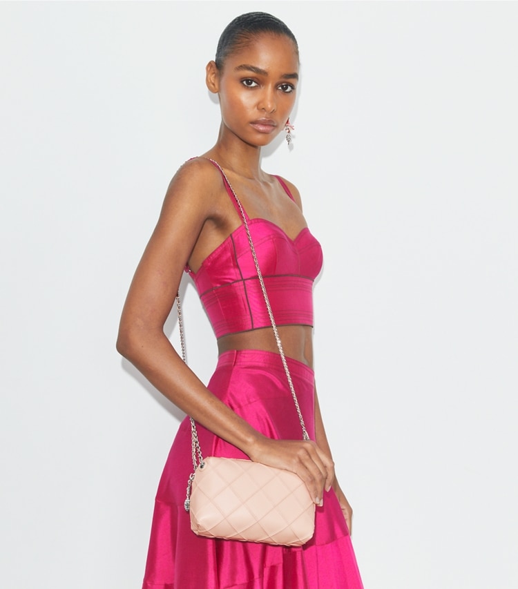Tory Burch designer crossbody bags Fleming Soft Crossbody Bag in Soft Pink accessory on model