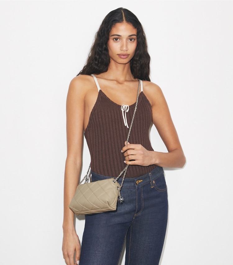 Tory Burch designer crossbody bags Fleming Soft Crossbody Bag in Soft Cement additional on model