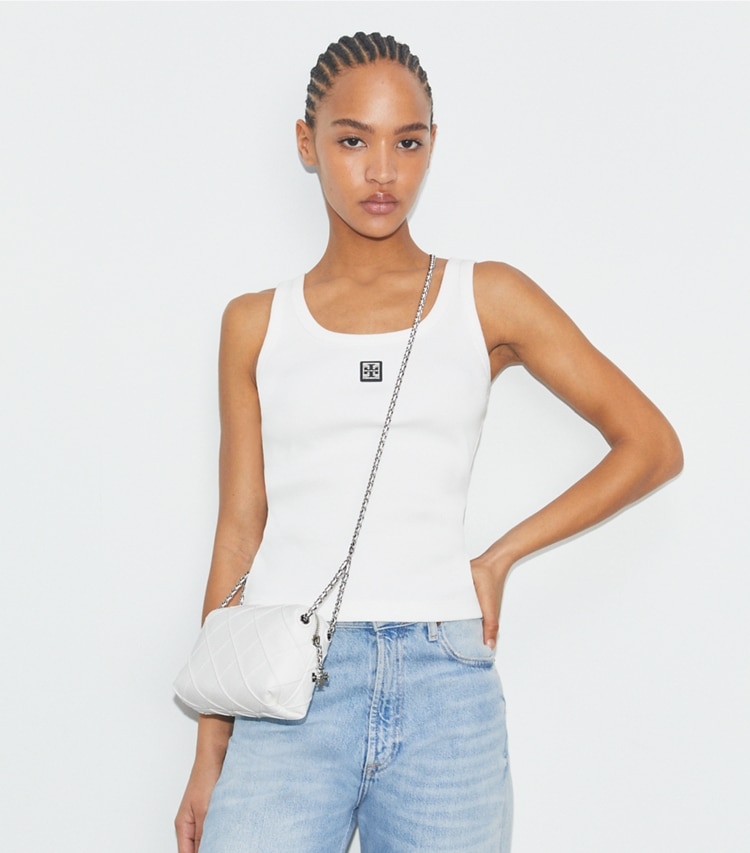 Tory Burch designer crossbody bags Fleming Soft Crossbody Bag in Blanc additional on model
