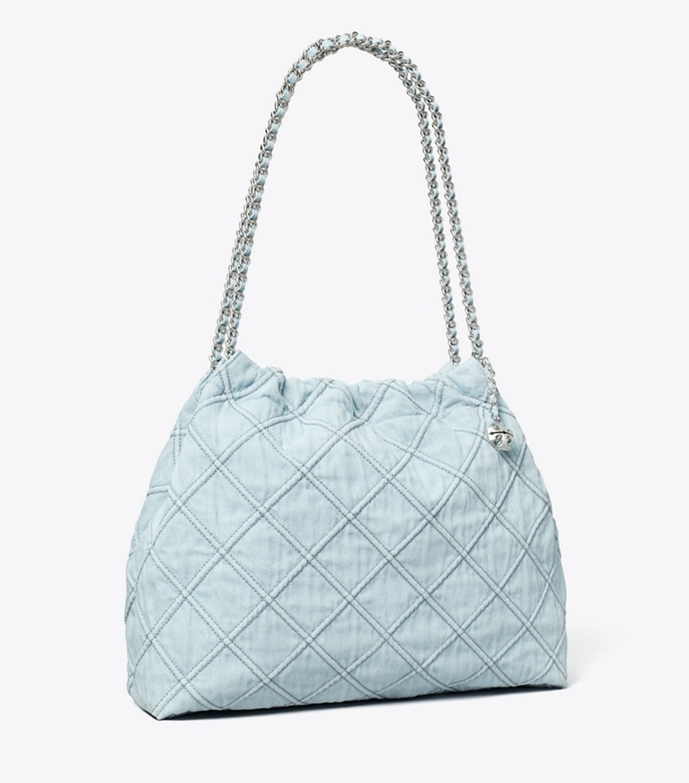 Tory Burch designer hobo bags Fleming Soft Denim Hobo Bag in Seltzer angle