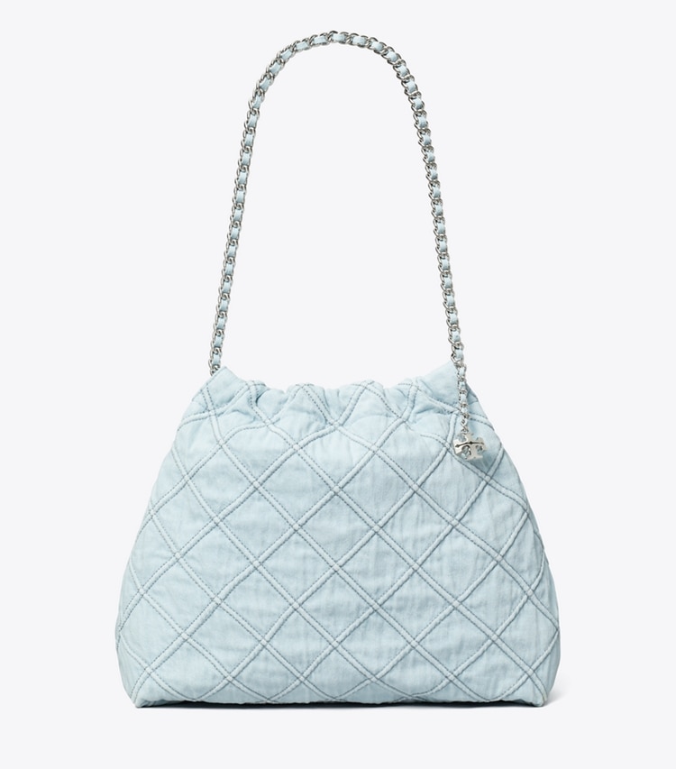 Tory Burch designer hobo bags Fleming Soft Denim Hobo Bag in Seltzer front