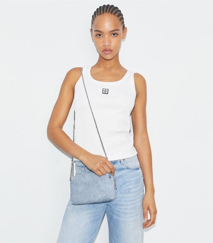 Tory Burch designer crossbody bags Fleming Soft Denim-Print Suede Crossbody Bag in Denim accessory on model