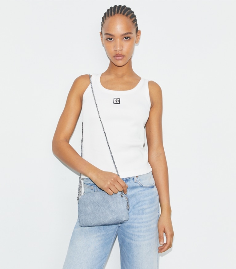 Tory Burch designer crossbody bags Fleming Soft Denim-Print Suede Crossbody Bag in Denim angle