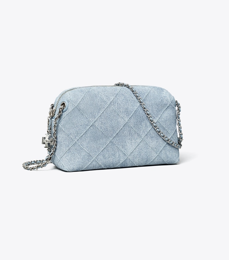 Tory Burch designer crossbody bags Fleming Soft Denim-Print Suede Crossbody Bag in Denim angle