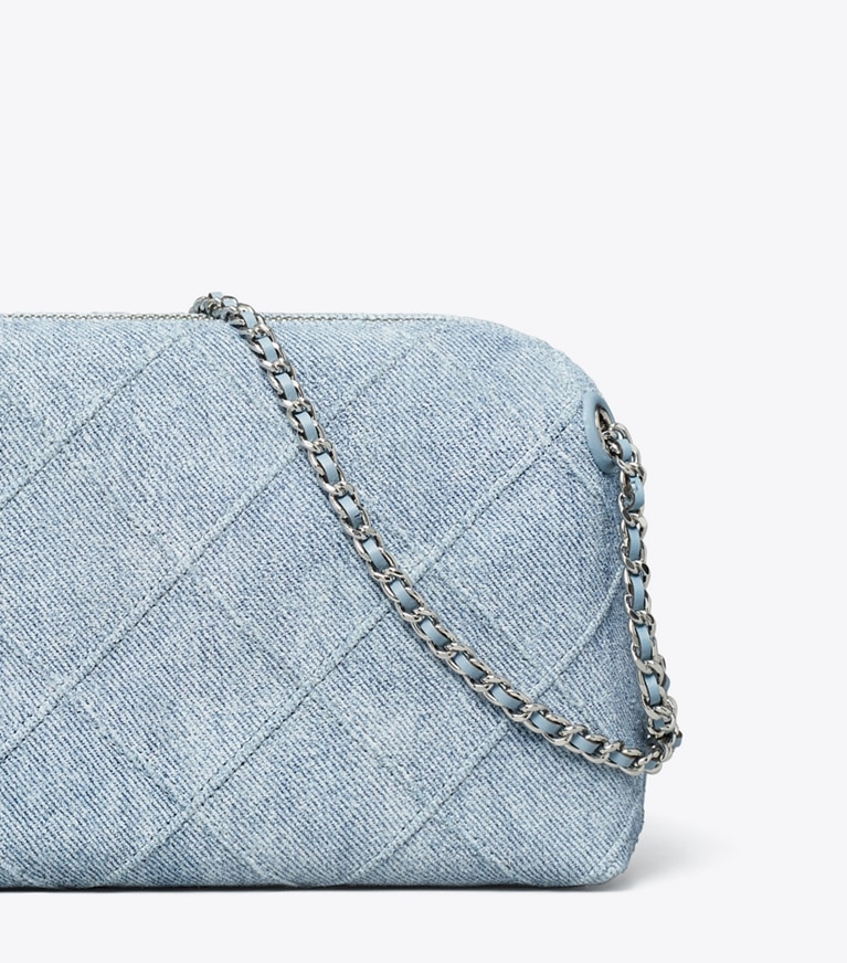 Tory Burch designer crossbody bags Fleming Soft Denim-Print Suede Crossbody Bag in Denim angle