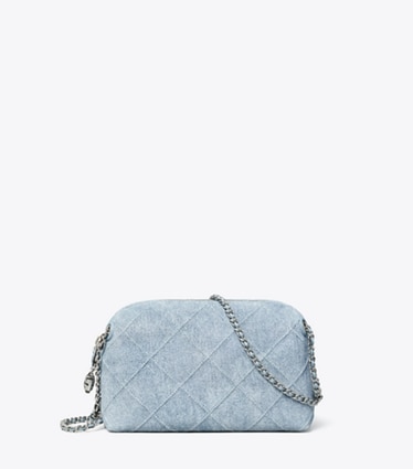 Tory Burch designer crossbody bags Fleming Soft Denim-Print Suede Crossbody Bag in Denim front