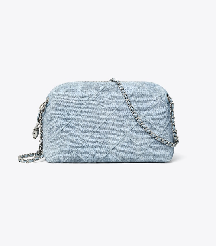 Tory Burch designer crossbody bags Fleming Soft Denim-Print Suede Crossbody Bag in Denim front