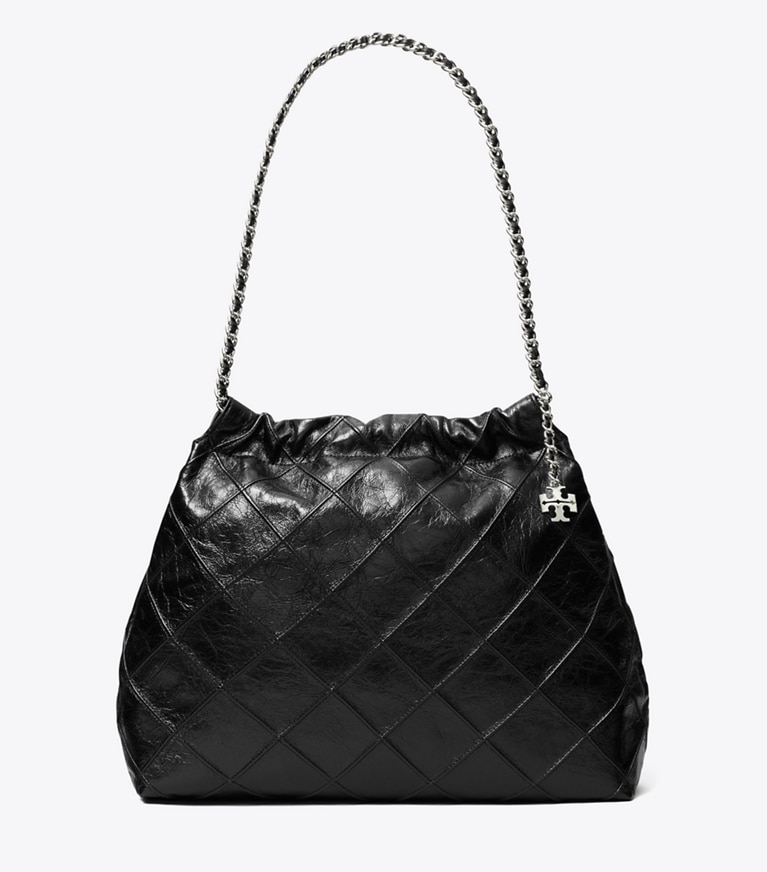 Tory Burch designer hobo bags Fleming Soft Distressed Hobo Bag in Black angle