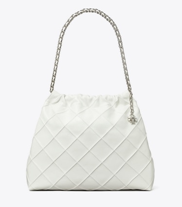 Tory Burch designer hobo bags Fleming Soft Distressed Hobo Bag in Blanc front