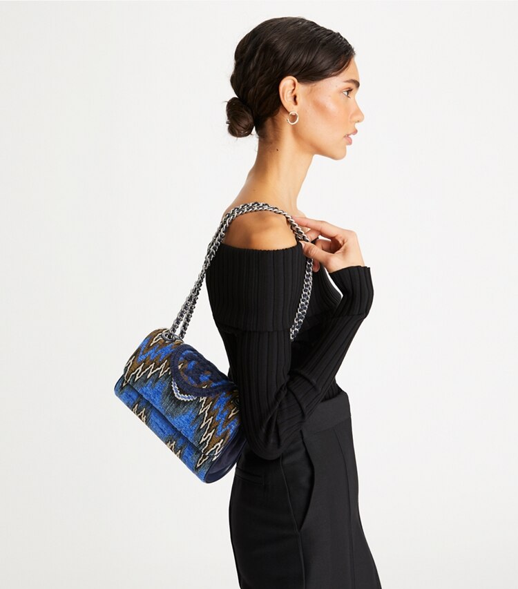 Tory Burch designer shoulder bags Fleming Soft Flame Stitch Small Convertible Shoulder Bag in Blue Dahlia Multi accessory on model