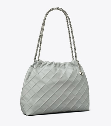 Tory Burch designer ホーボーバッグ フレミング ドローストリングバッグ in Gray angle