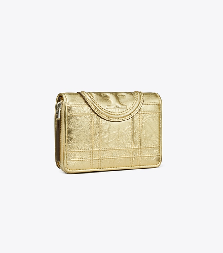 Tory Burch designer wallets Fleming Soft Metallic Bi-Fold Wallet in Gold angle