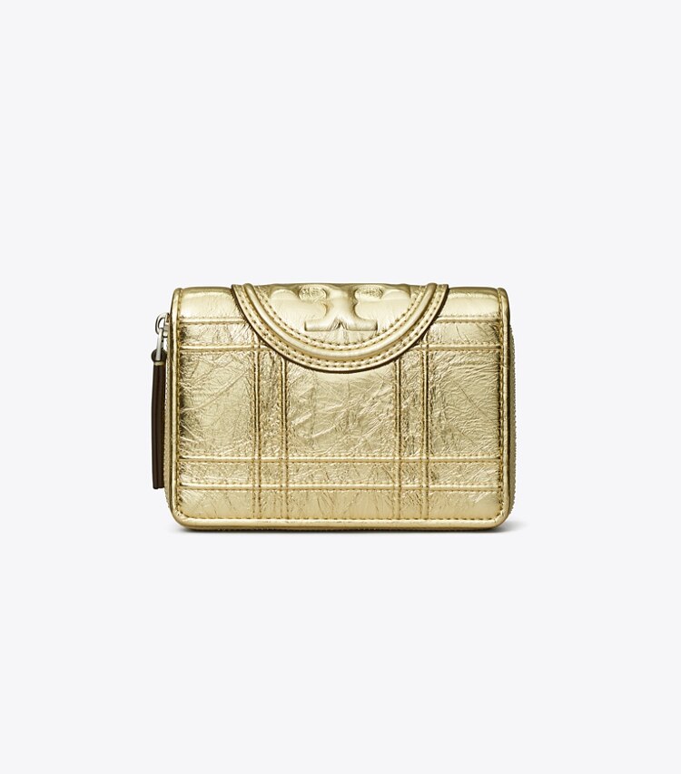 Tory Burch designer wallets Fleming Soft Metallic Bi-Fold Wallet in Gold front