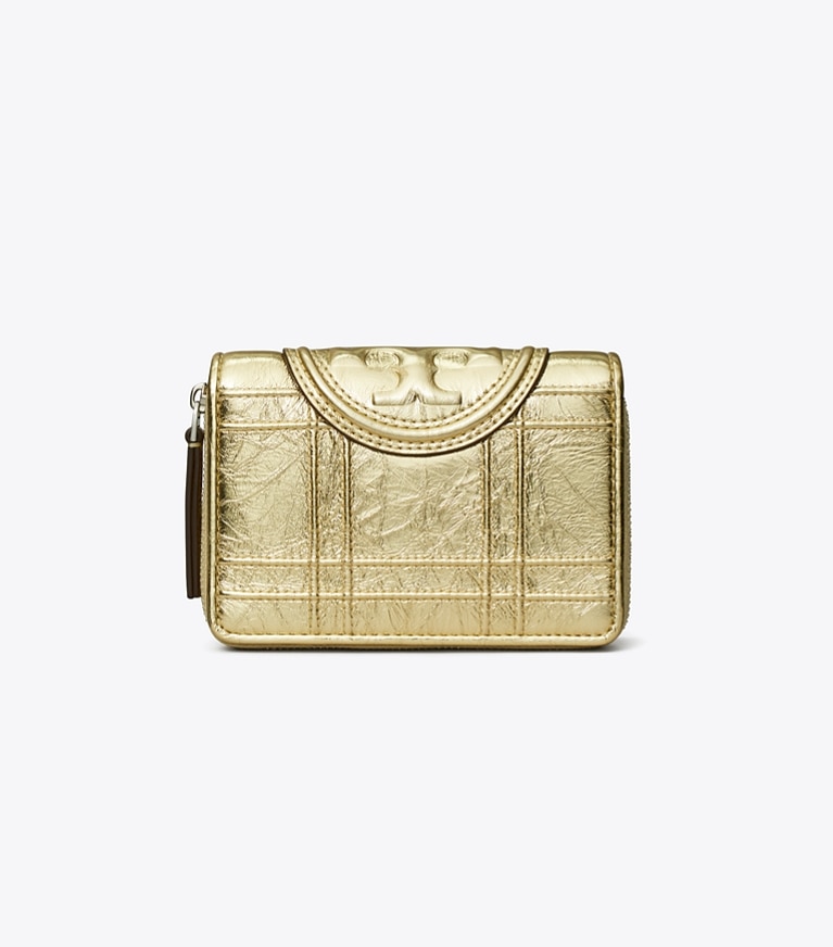 Tory Burch designer wallets Fleming Soft Metallic Bi-Fold Wallet in Gold angle
