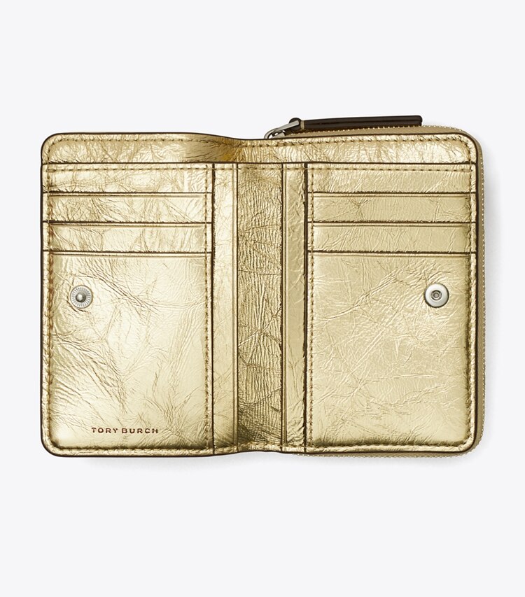 Tory Burch designer wallets Fleming Soft Metallic Bi-Fold Wallet in Gold overhead