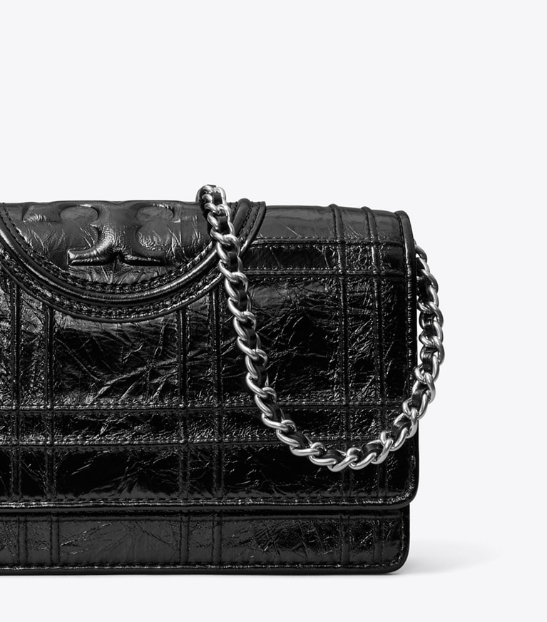 Tory Burch designer mini bags Fleming Soft Metallic Chain Wallet in Black angle
