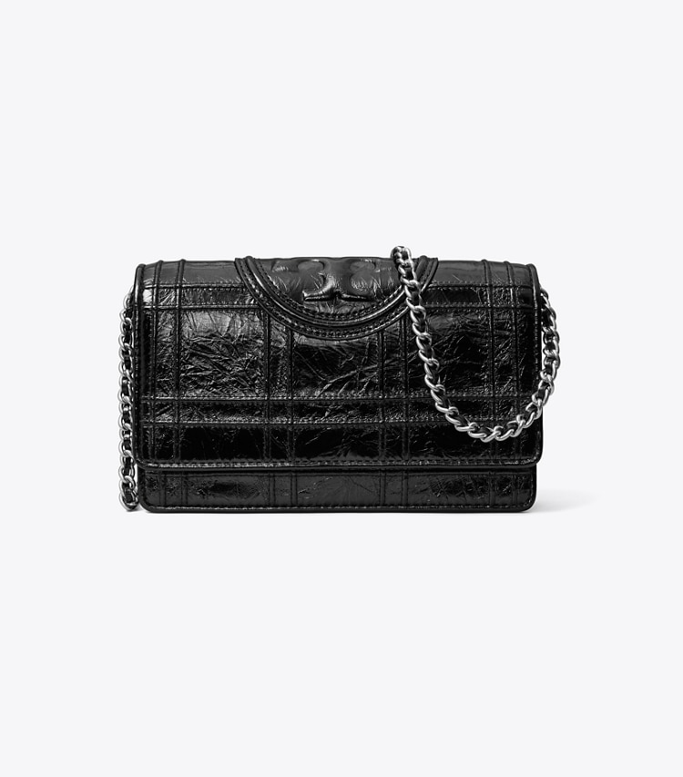 Tory Burch designer mini bags Fleming Soft Metallic Chain Wallet in Black front
