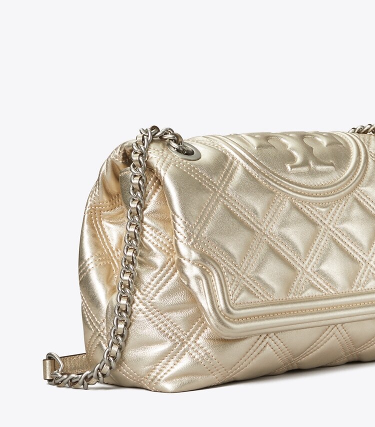 Tory Burch designer shoulder bags Fleming Soft Metallic Convertible Shoulder Bag in White Gold detail