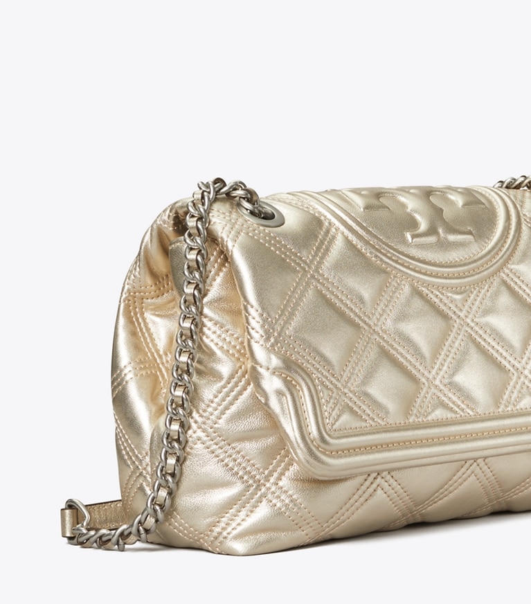 Tory Burch designer shoulder bags Fleming Soft Metallic Convertible Shoulder Bag in White Gold angle