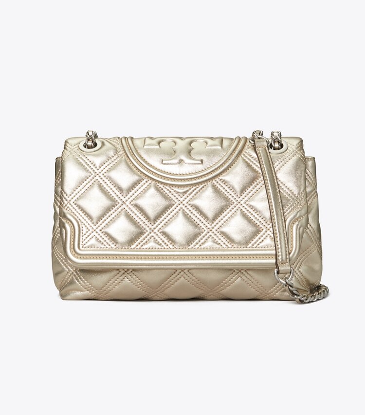 Tory Burch designer shoulder bags Fleming Soft Metallic Convertible Shoulder Bag in White Gold front