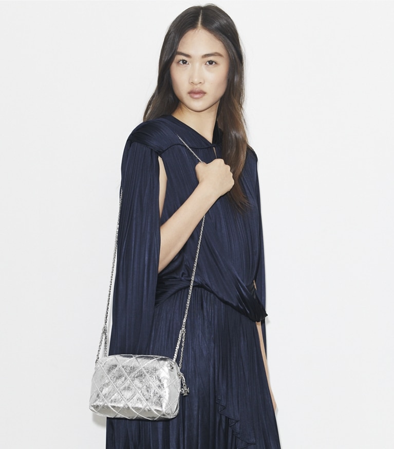 Tory Burch designer crossbody bags Fleming Soft Metallic Crossbody Bag in Silver angle