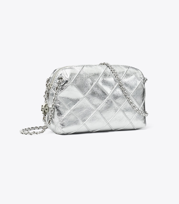 Tory Burch designer crossbody bags Fleming Soft Metallic Crossbody Bag in Silver angle