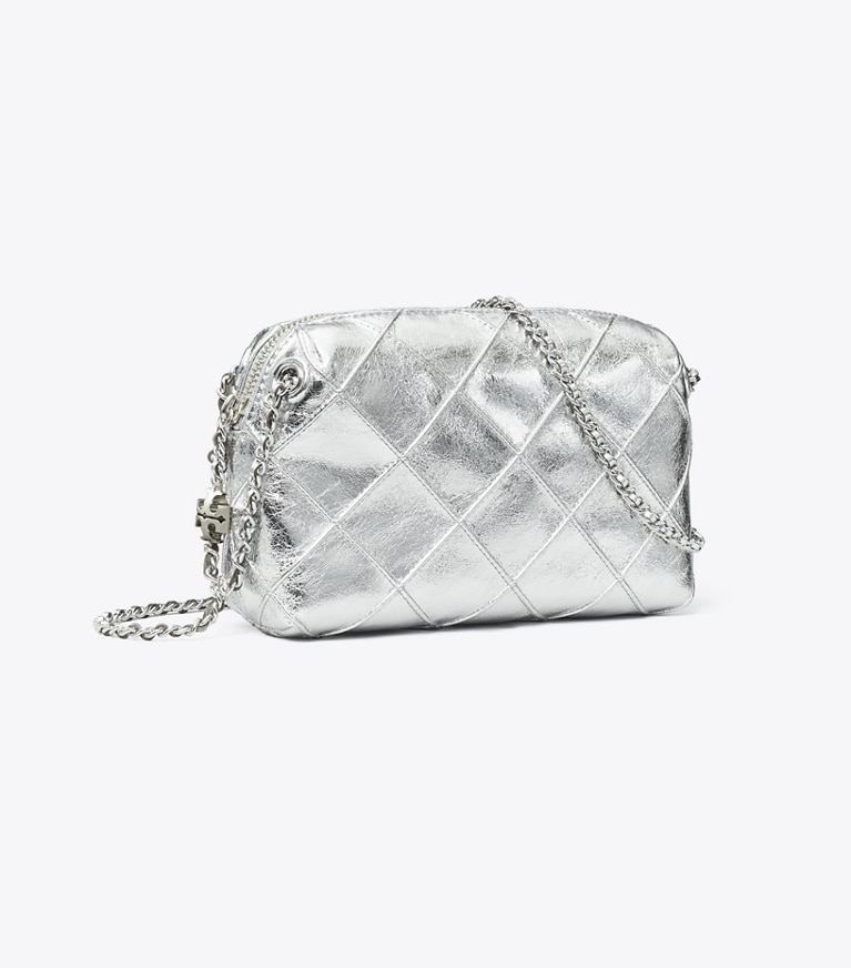 Tory Burch designer crossbody bags Fleming Soft Metallic Crossbody Bag in Silver angle