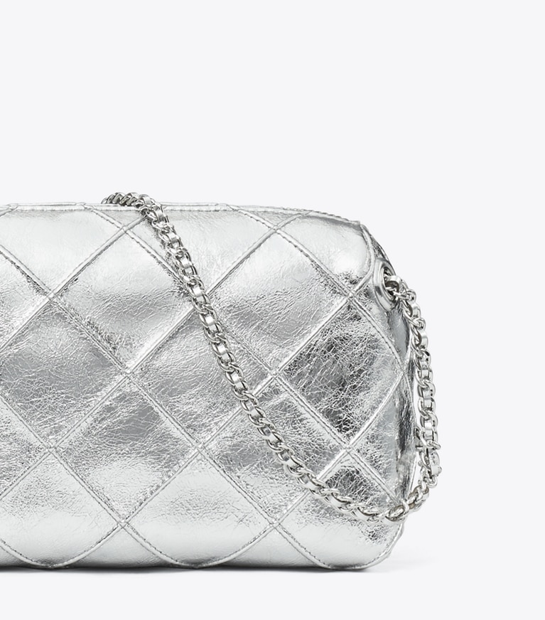 Tory Burch designer crossbody bags Fleming Soft Metallic Crossbody Bag in Silver angle