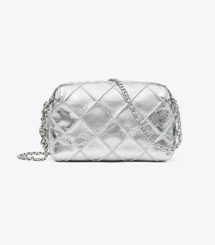 Tory Burch designer crossbody bags Fleming Soft Metallic Crossbody Bag in Silver front