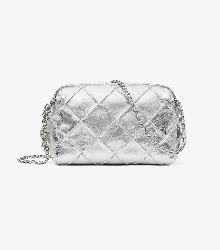 Tory Burch designer crossbody bags Fleming Soft Metallic Crossbody Bag in Silver angle