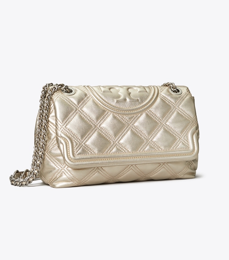 Tory Burch designer shoulder bags Fleming Soft Metallic Shoulder Bag in White Gold angle