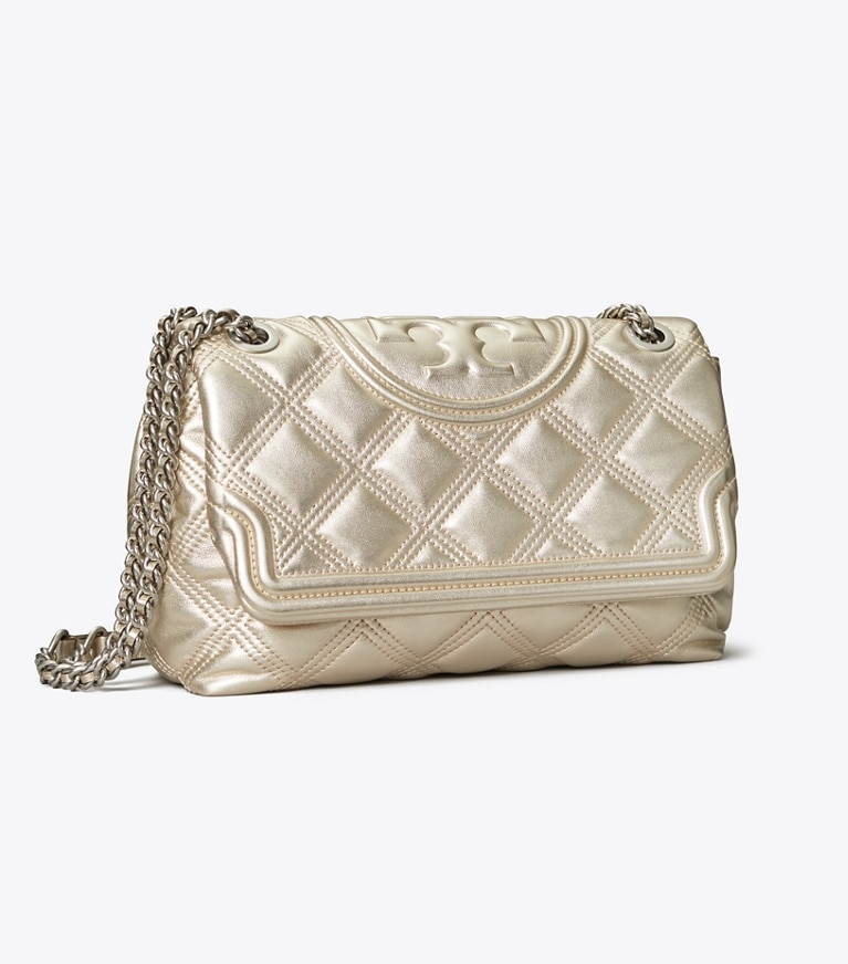Tory Burch designer shoulder bags Fleming Soft Metallic Shoulder Bag in White Gold angle