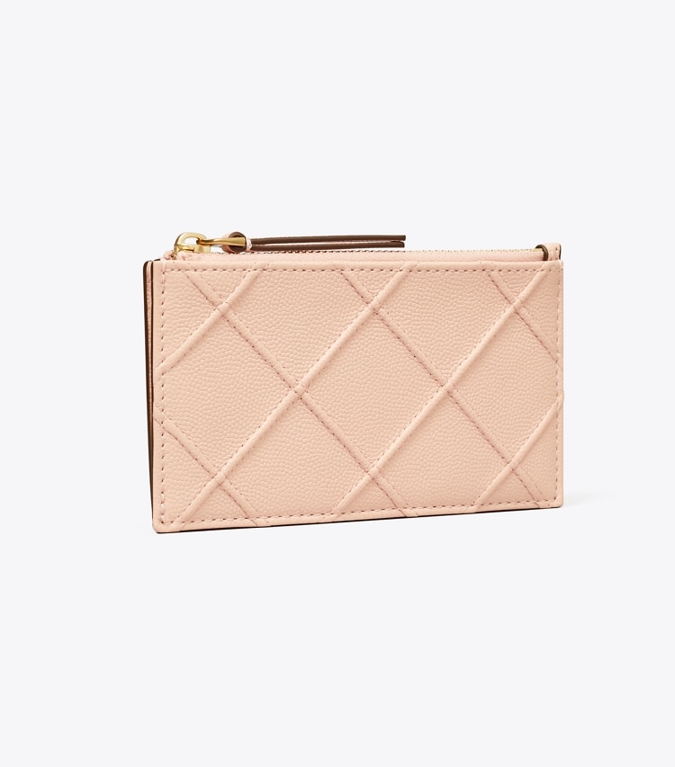 Tory Burch designer card cases Fleming Soft Polished-Grain Zip Card Case in Pink Dawn angle