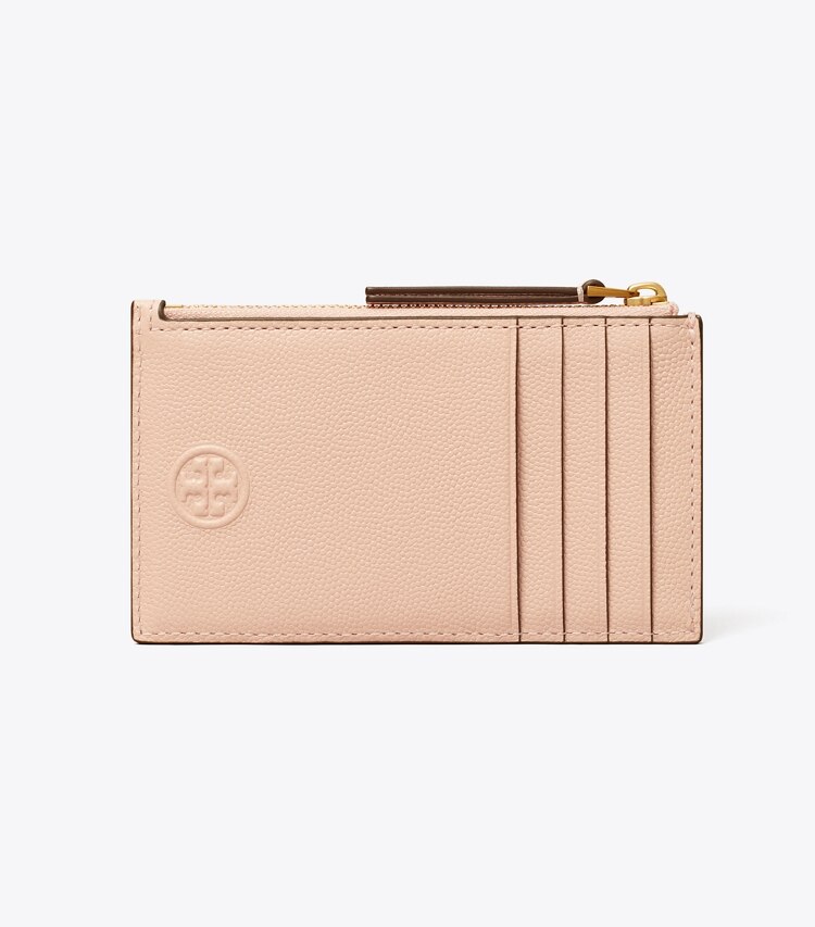 Tory Burch designer card cases Fleming Soft Polished-Grain Zip Card Case in Pink Dawn back