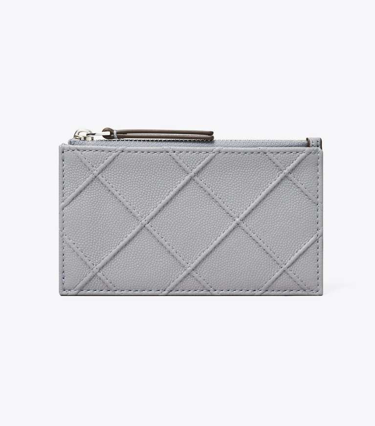 Tory Burch designer card cases Fleming Soft Polished-Grain Zip Card Case in Slate angle