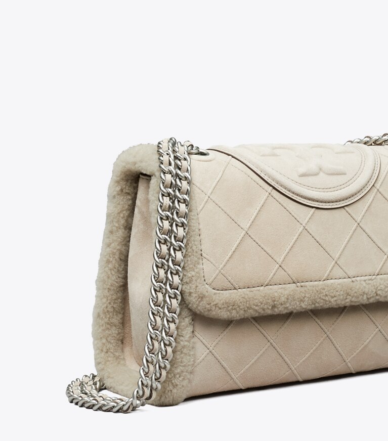 Tory Burch designer shoulder bags Fleming Soft Shearling Convertible Shoulder Bag in Cotton Grey angle